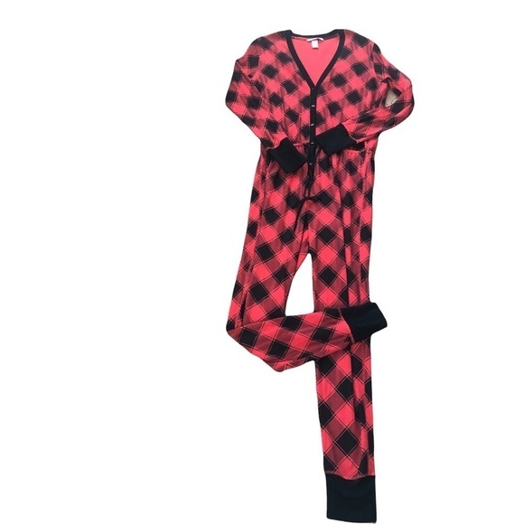 Victoria’s Secret VS Thermal One Piece Pajamas M Union Suit PJ’S Black Red Check - Picture 1 of 7